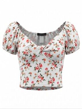 Joe & Elle White Floral Twist-Front Puff Sleeve Crop Top